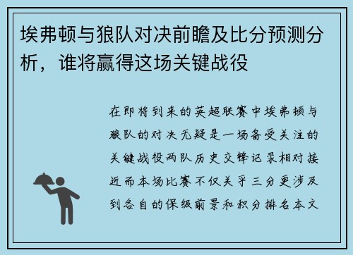 埃弗顿与狼队对决前瞻及比分预测分析，谁将赢得这场关键战役